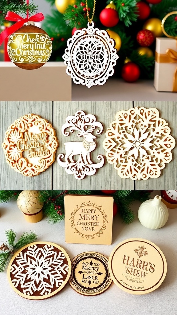 A variety of laser cut Christmas gifts including ornaments, wall art, and coasters on a festive table.